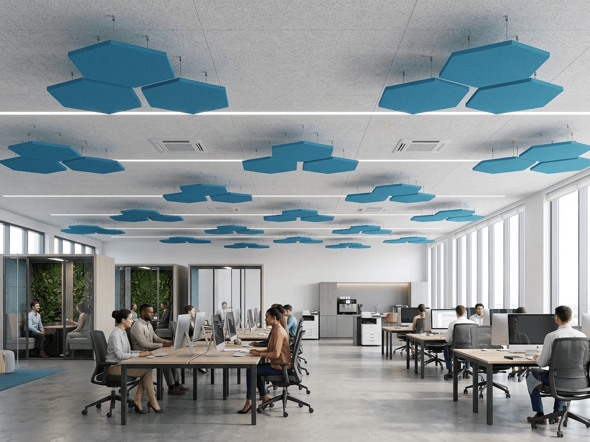 Workplace Acoustic Panels on the ceiling to reduce echo