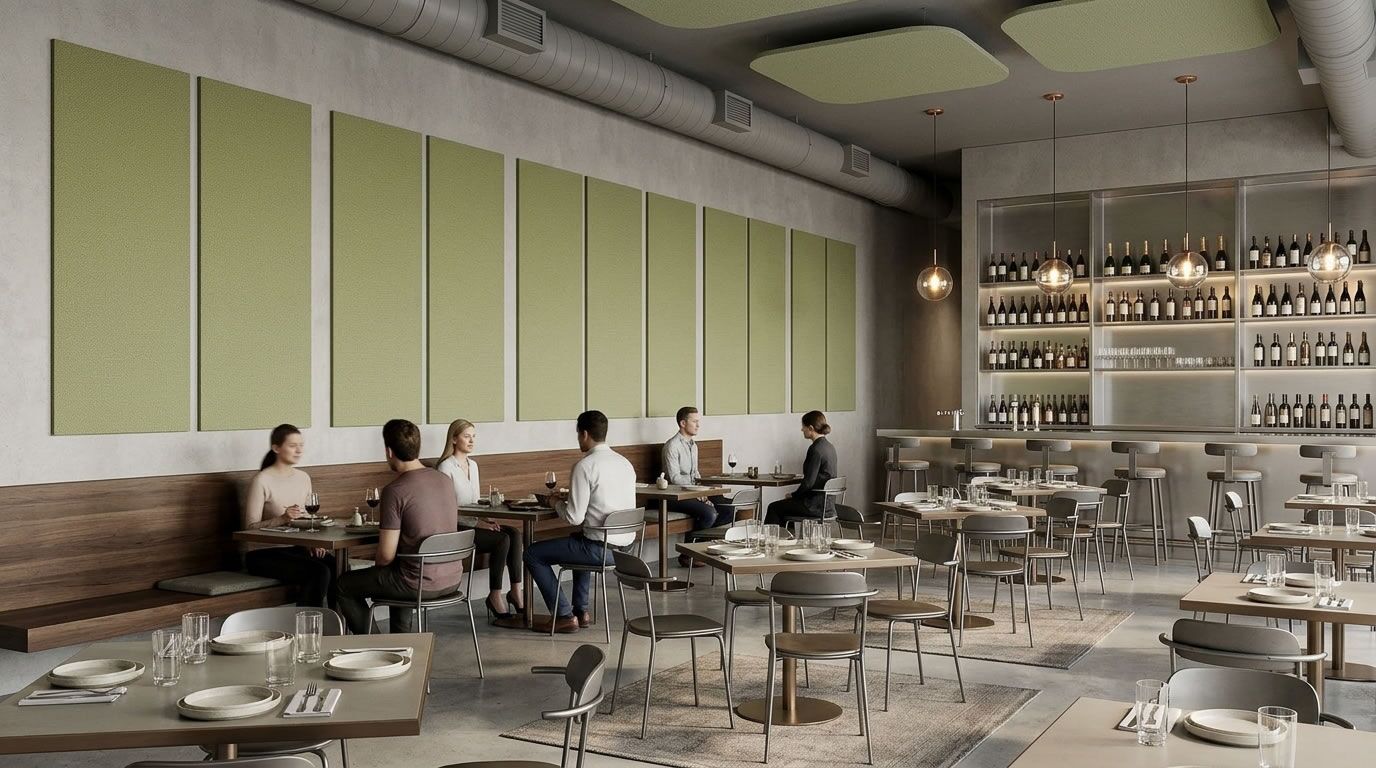 Green Acoustic Panels on a wall in a Restaurants
