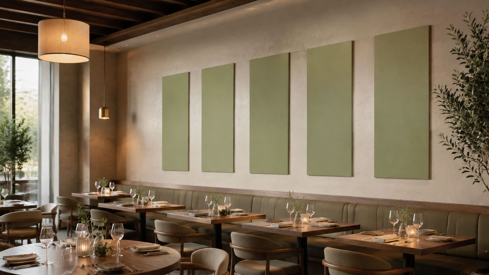 Green Acoustic Panels on a wall in a Restaurants